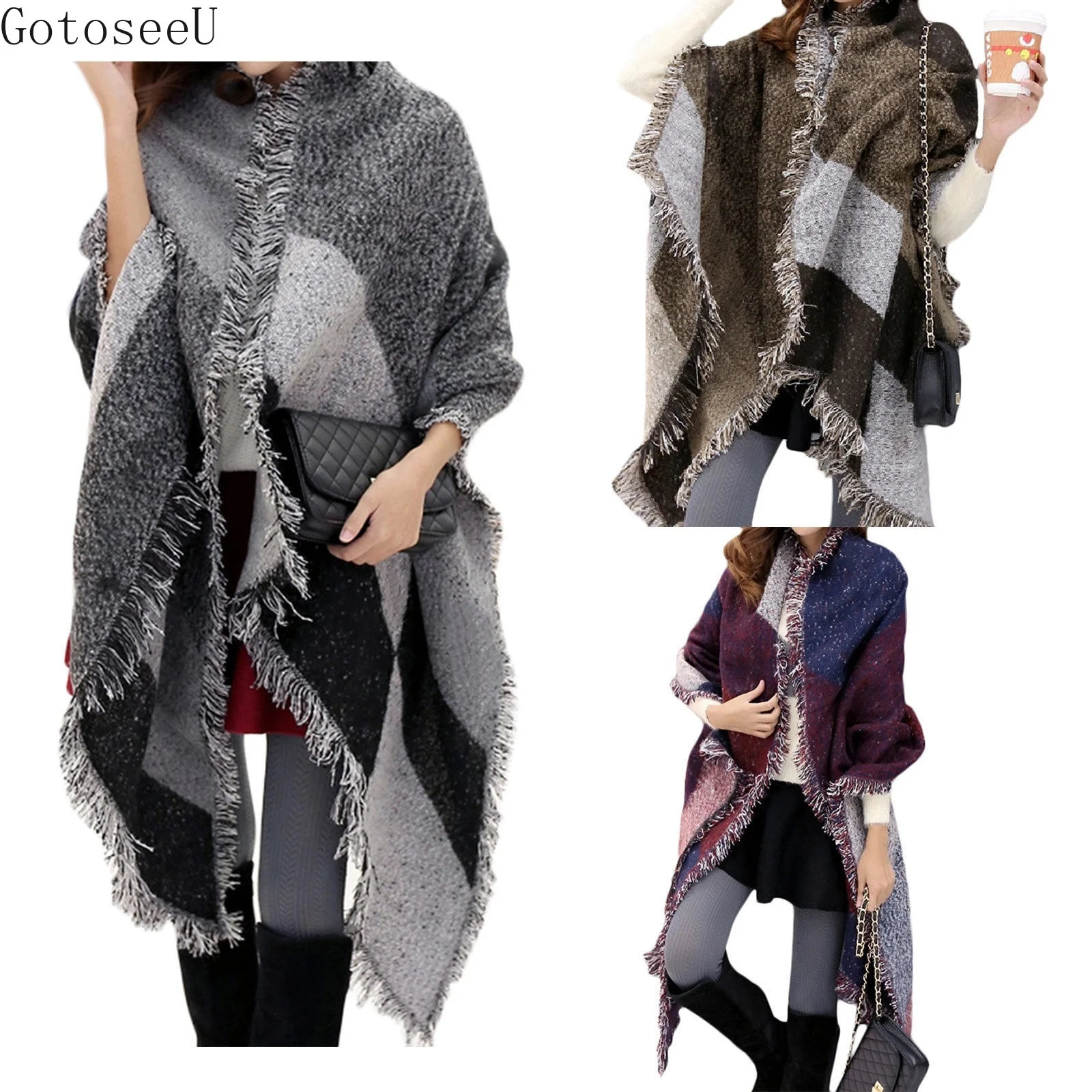 

GotoseeU NEW Women Long Cashmere Winter Wool Blend Soft Warm Wrap Shawl Plaid Scarf