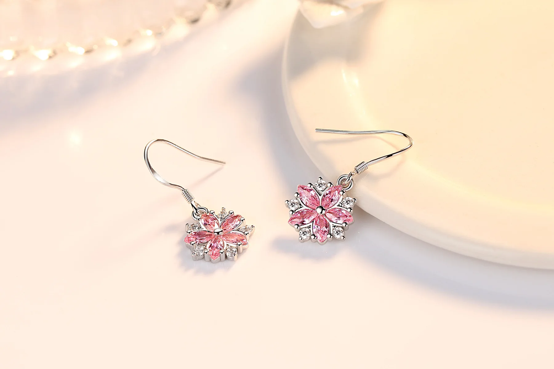 Розовый белый кристалл 925 пробы серебряные серьги-гвоздики цветочный дизайн серьги для женщин серебряные ювелирные изделия Oorbellen