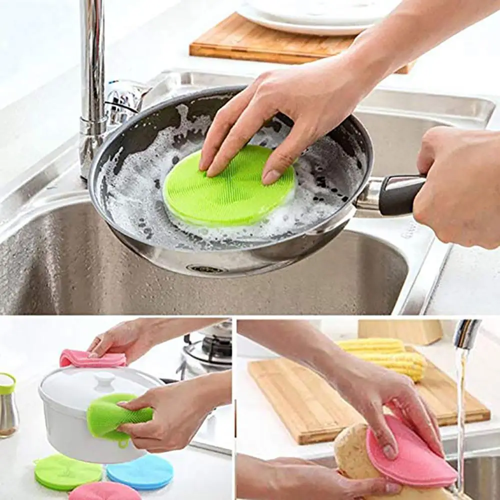 

Kitchen Accessories Silicone Dish Brush Washing Cleaning Bowl Pot Pan Wash Brushes Cooking Tool Cleaner Sponges Scouring Pads