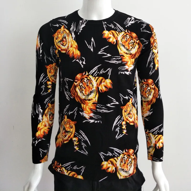 Creative little tiger pattern printing fancy knitted pullover sweater
