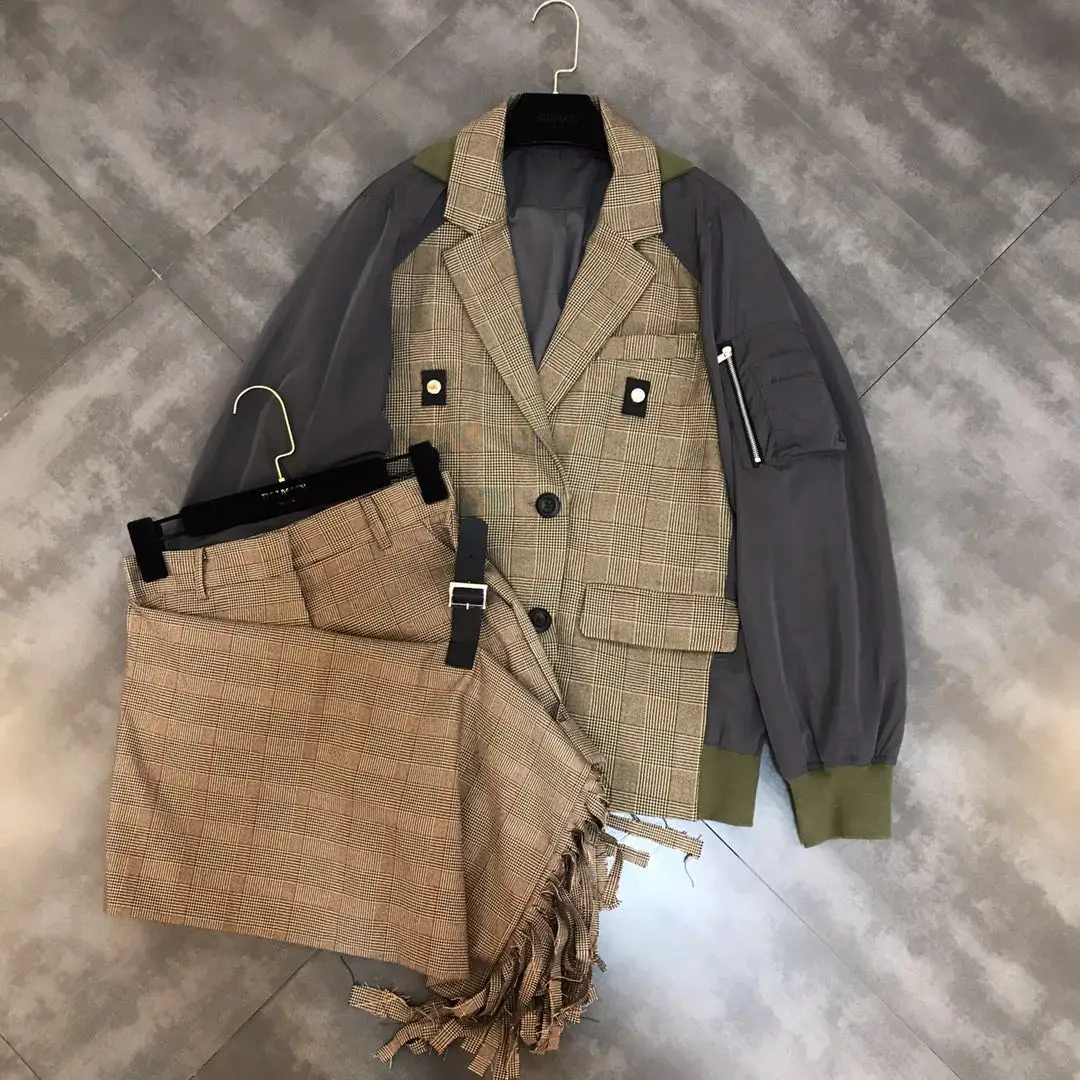 

2019 spring new spliced Plaid suit jacket fringed irregular trousers skirt suit women's sets
