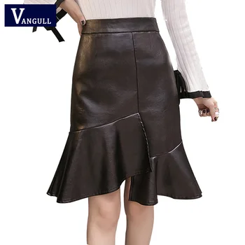 

Black PU Leather Skirts Women Mermaid Skirt 2018 New Ruffle Hem Autumn Winter High Waist Wrap Hip Skirt Female Trumpet Skirt