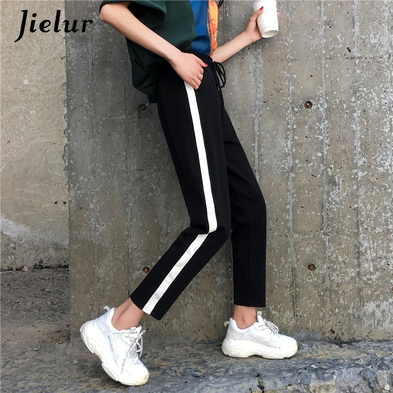 Jielur/Харадзюку женские штаны шаровары в полоску сбоку тонкие Moda Mujer 2018