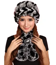 H311- Floral women’s winter hat,6 colors natural rex rabbit fur scarf, soft hand knitted warm autumn fur beanie and muffler