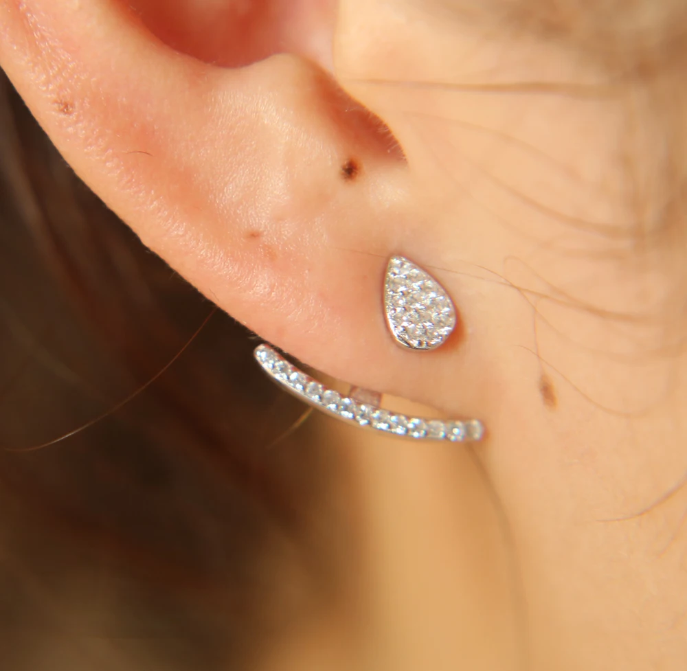 Free Shipping high polished genuine 925 sterling silver 3 colors tiny tear drop stud micro pave cz bar front back cute earring
