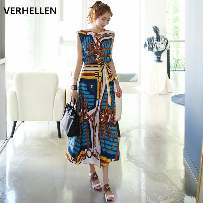 

VERHELLEN New Fashion Designer Runway 2019 Summer Women's Sleeveless Vintage Printed Shirt Top+Lace-up Long Skirts 2 Piece Set