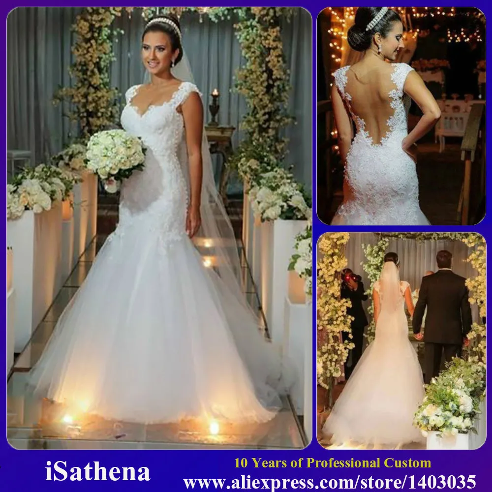 

Designer Mermaid Vestido de noiva V Neckline Backless Long Train Sexy Lace Wedding Dresses Real Photos 2015 A053