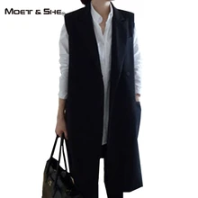 Spring New Fashion Women Long PocketS Formal Coat Office Lady Sleeveless Polo Female Black Waistcoat Blazer Jackets C6O0319H