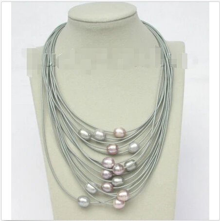 

Free shipping >>>>>>17"-24" 15row 14mm purple Gray pearls leather necklace magnet clasp j8796