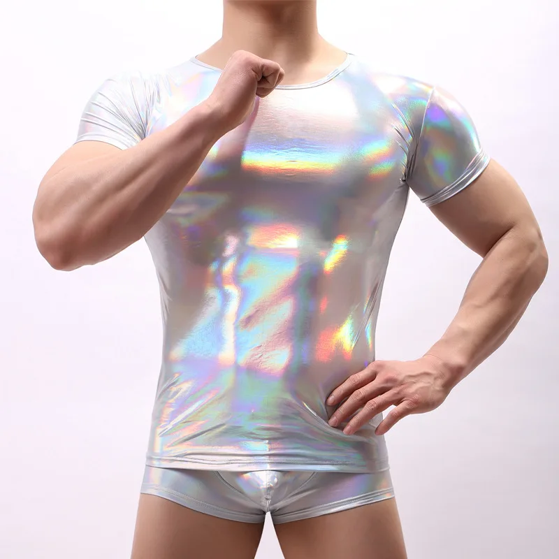 

PU Leather T Shirts Men Sexy Fitness Tops Short Sleeve Gay T-shirt Mens Shinny Party Club Stage Dance T-shirt Men Casual Top Tee