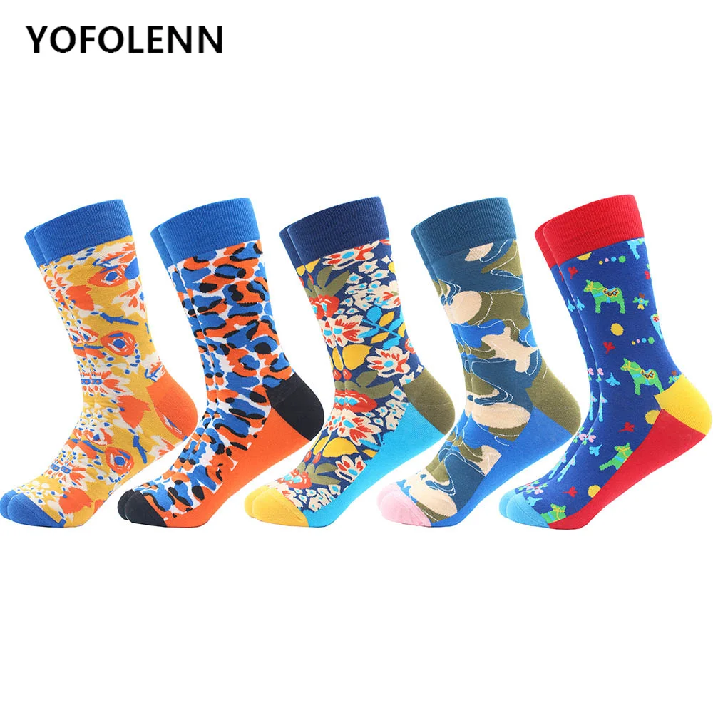 

5 pairs/lot Drop shipping Man Funny Happy Socks Combed Cotton Colored Socks Casual Dress Crew Socks for Gift