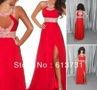 Discount Hatler Beads and Sequins Backless Slit Red Long Prom Evening Dress 2013 Free Shipping