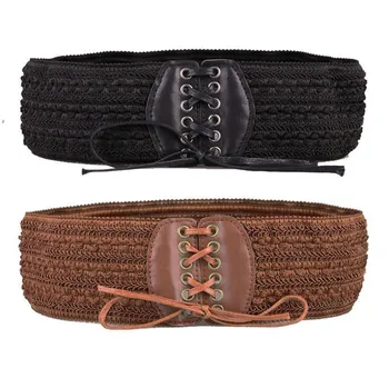 

Women's Retro Stretch Buckle Waist Belt Bow Wide Elastic Knitted Corset Cinch Waistband Black Brown