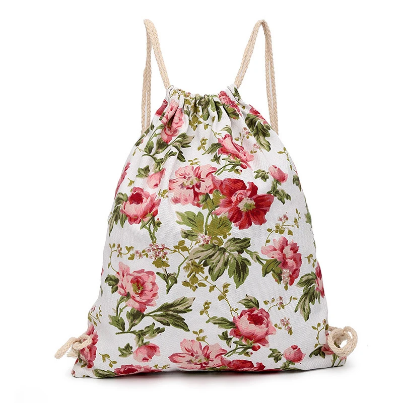 18PCS / LOT Fashion Flower Drawstring Bags Canvas Women Shopping Backpack Travel Portable Multifunctional Reusable Bag Wholesale | Багаж и