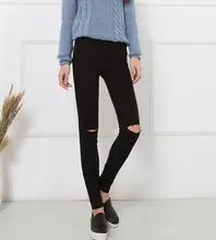 New Fashion 2015 High Elastic Cotton Women’s Black High Waist Torn Jeans Ripped Hole Knee Skinny Pencil Pants Slim Capris JN090