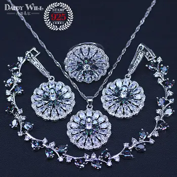 

Handmade Elegant Flower Mystical Colorful Crystal Jewelry Set For Women Cubic Zirconia Necklace Earring And Ring Bracelets Sets