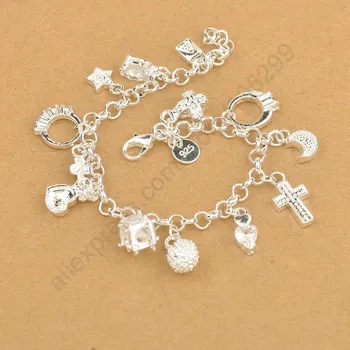 Exquisite Top Quality 100% 925 Sterling Silver Charm Pendants Woman Bracelet,Nice Cross Moon Heart Clock Pendant Jewelry