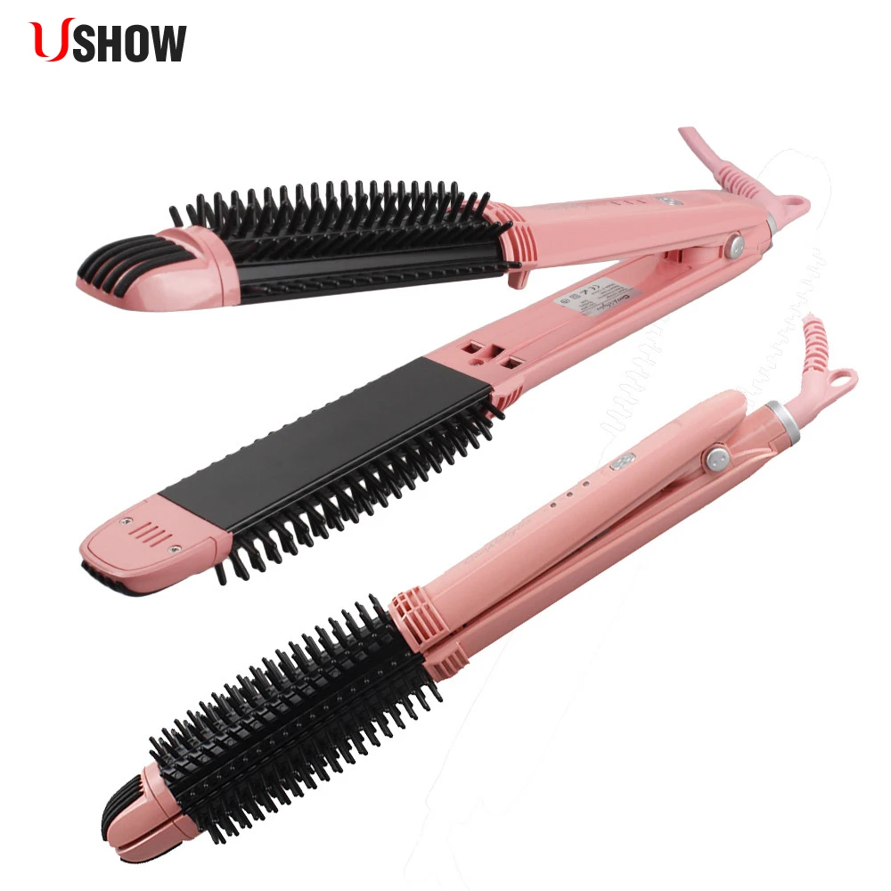 

USHOW Multifunction Hair Straightener And Curler Features Wave Curling Iron Brush Fast Heating Comb Hair Straightening Flat Iron