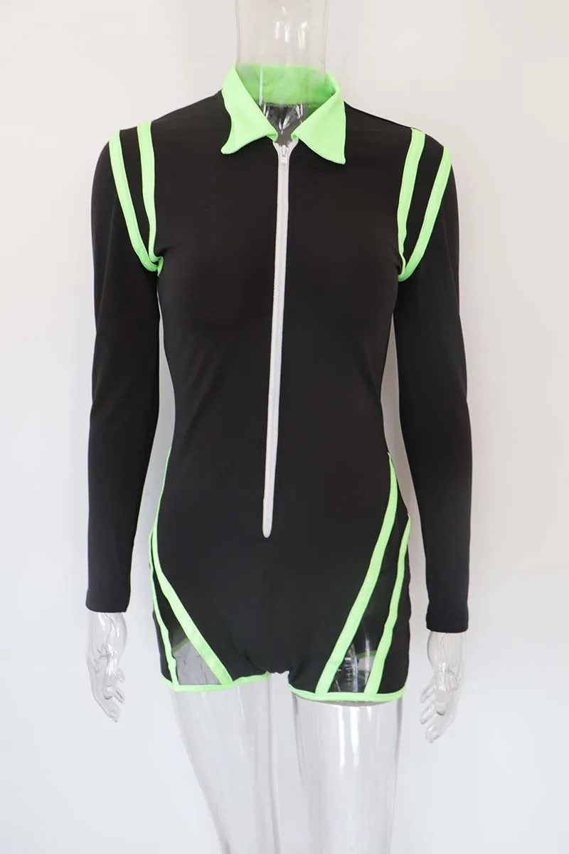 Модный комбинезон на молнии с длинным рукавом и сетчатой панелью, сексуальный неоновый зеленый лоскутный обтягивающий цельный короткий комбинезон, спортивная одежда