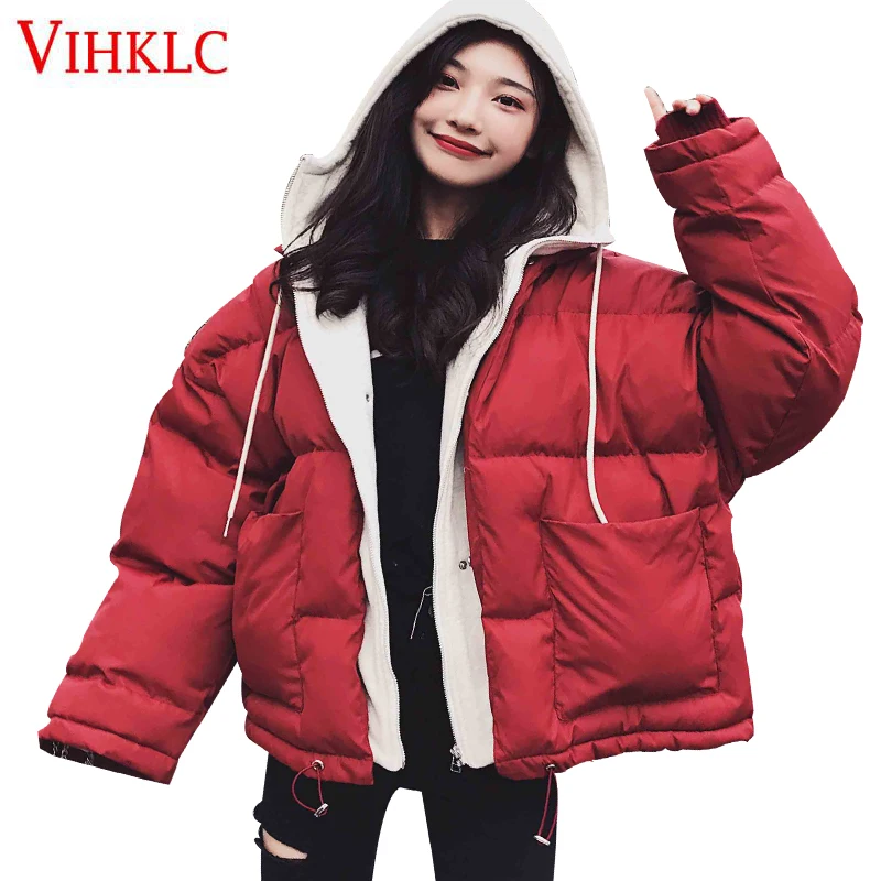 

Fake Two Pieces Down Bread Clothing Female Winter Students Korean Version Short Coats 2018 New Coat Hooded Loose Wild Black Z176
