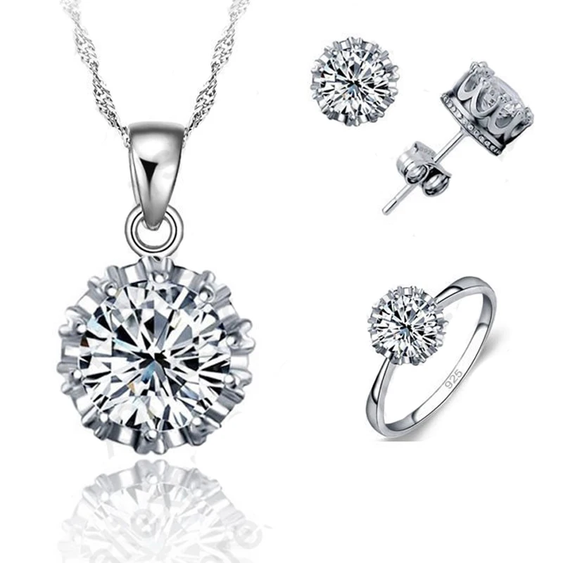 

4 Ring Size Women Wedding 925 Sterling Silver Jewelry Sets CZ Cubic Zirconia Necklace Stud Earring Ring Set Wholesale