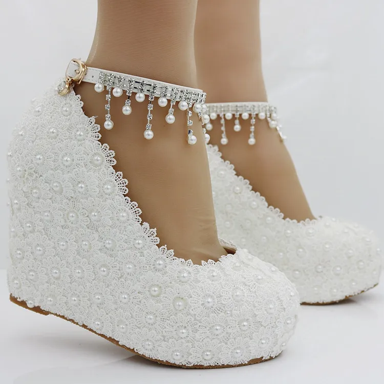 BaoYaFang/Новые белые/розовые свадебные туфли на танкетке со шнуровкой женские туфли на высоком каблуке 11 см модные женские туфли-лодочки с ремешком на щиколотке для подружки невесты