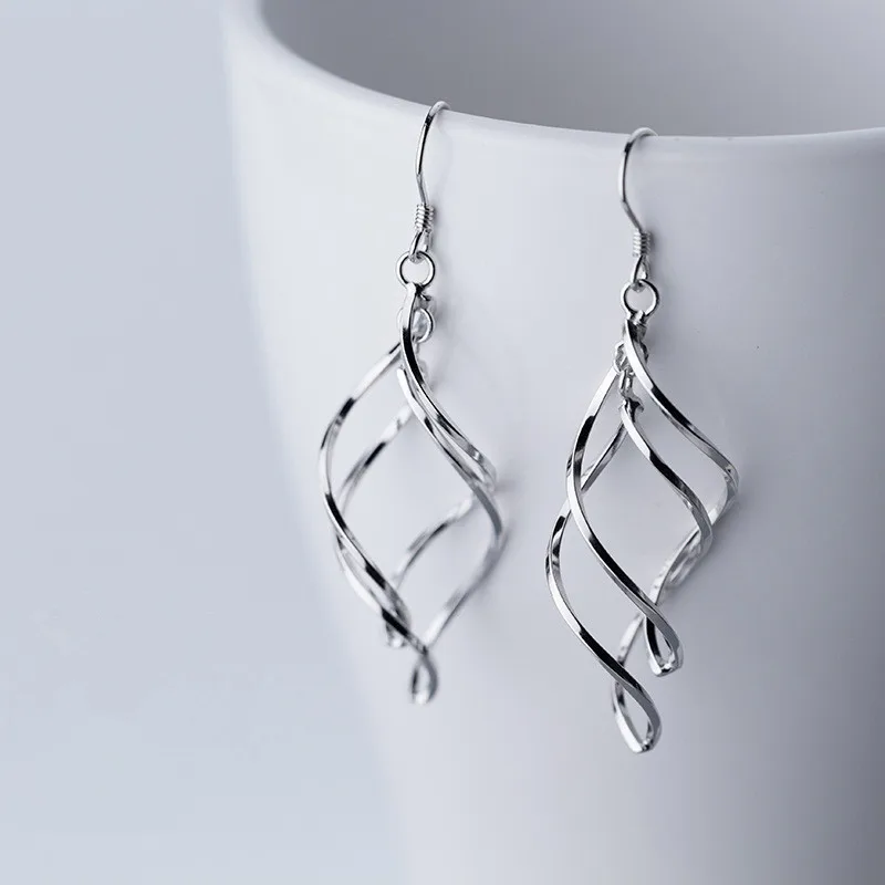 

Authentic Real 100% 925 Sterling Silver fine Jewelry Open Twisted wave Geometric Dangle hook Earrings Gtle2489