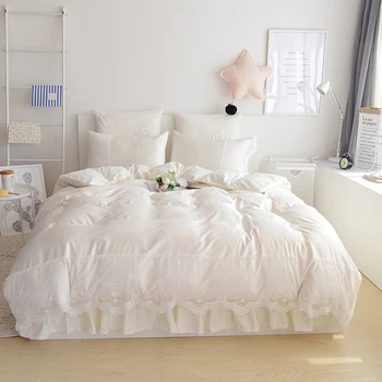 

Wedding Luxury Bedding Sets silk Queen King Size Duvet Cover Set princess Bedclothes Bed Linen Rice white lace quilt cover sets