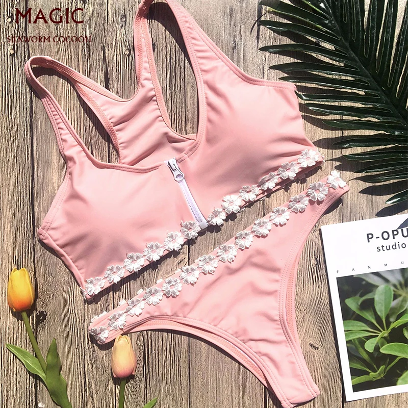 

New Solid Pink Yellow Color Lace Flower +Zipper Bikini Set Women Sexy Swimsuit Swimwear Female Brazilian Push Up Bathing Suit