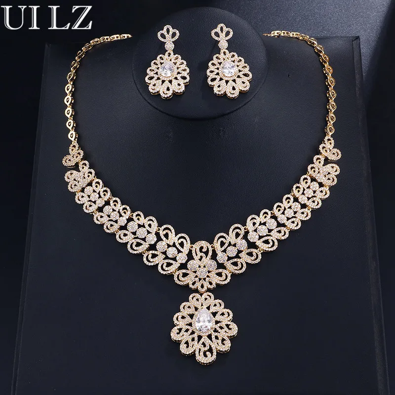 UILZ Luxury Cubic Zirconia Bridal Jewelry Sets Flower Shape Clear CZ Party Wedding Jewelry Necklace Sets US379 UILZ Luxury Cubic Zirconia Bridal Jewelry Sets Flower Shape Clear CZ Party Wedding Jewelry Necklace Sets US379