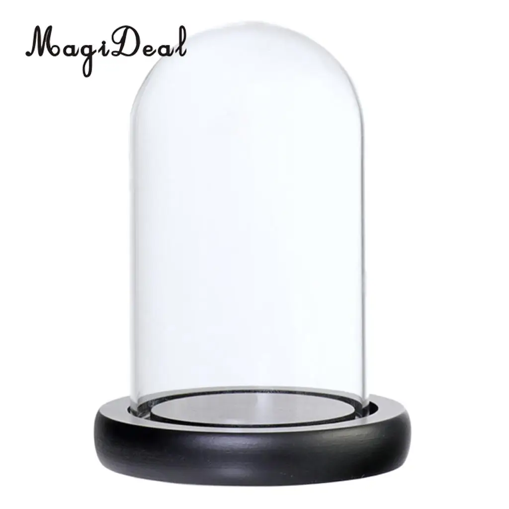 MagiDeal Glass Dome Cloche with Wooden Base Flower Landscape Holder Glass Cover Black G
