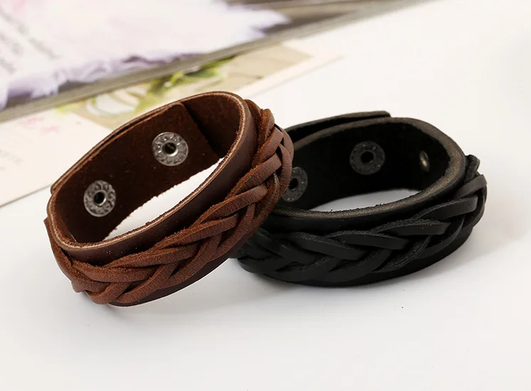 

12 pcs/lot Vintage punk real Leather two layer weave wide 20mm snap fastener bracelet bangle