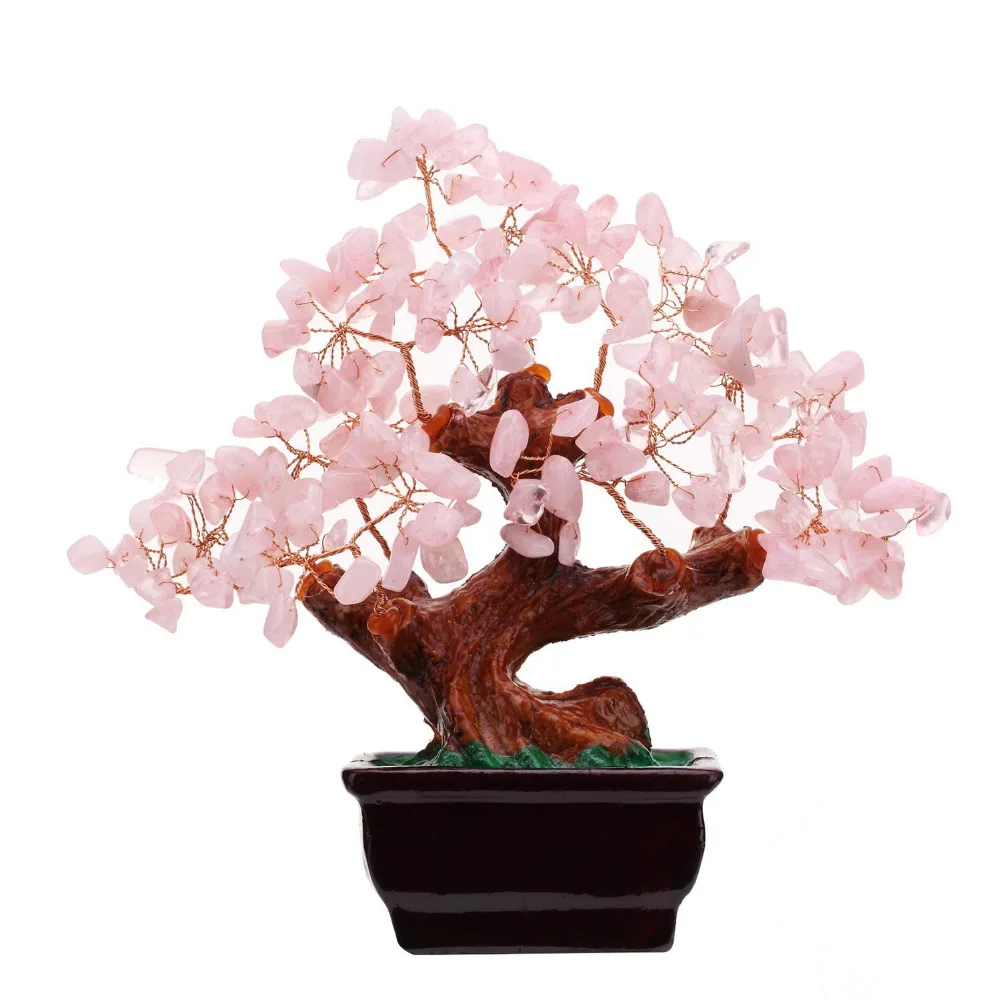 Decoração para Riqueza e Sorte Feng Shui Natural Rosa Quartzo Cristal Dinheiro Árvore Bonsai Estilo