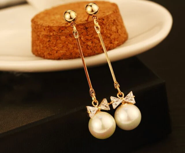 

Bow pearl zircon red long earrings/korean luxury bridal jewelry wholesale/brincos femininos/boucle d'oreille bijoux/perolas/gift