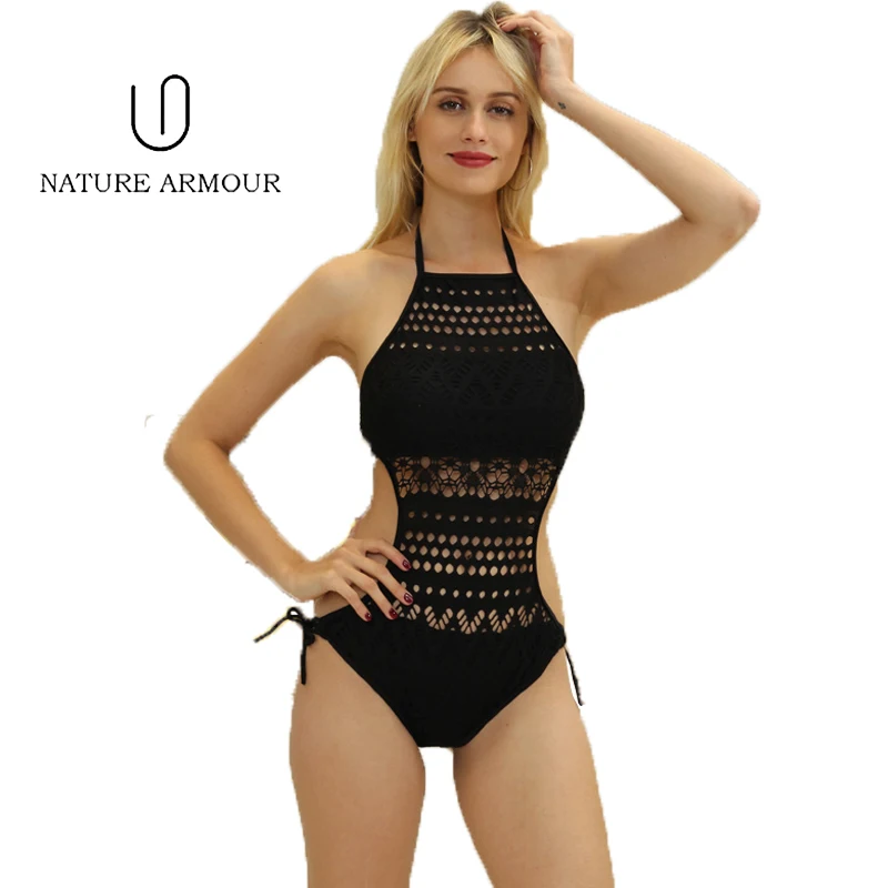 

Sexy Lace Hollow Swimwear Women One Piece Swimsuit Black Solid Monokini Padded Sexy Bodysuit 2018 Beach Swimsuits Swimming Suit