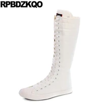 Ботинки больших размеров Размер 41 осень женщины дешево Тонкие осенняя Круглый носок холст плоские высокие сапоги зашнуровать длинный обувь белый женская китайский женский мода
