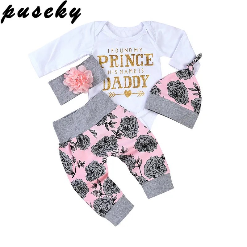 

Puseky Prince Daddy 4PCS 2017 Flower Newborn Baby Girls Top Romper Long Pants Headband Outfits 0-24M