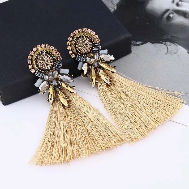 

Women's Cotton thread Long Tassels crystal Drop Earrings bohemian Big brand Exaggerated Delicate elegant All-match Drop Earrings