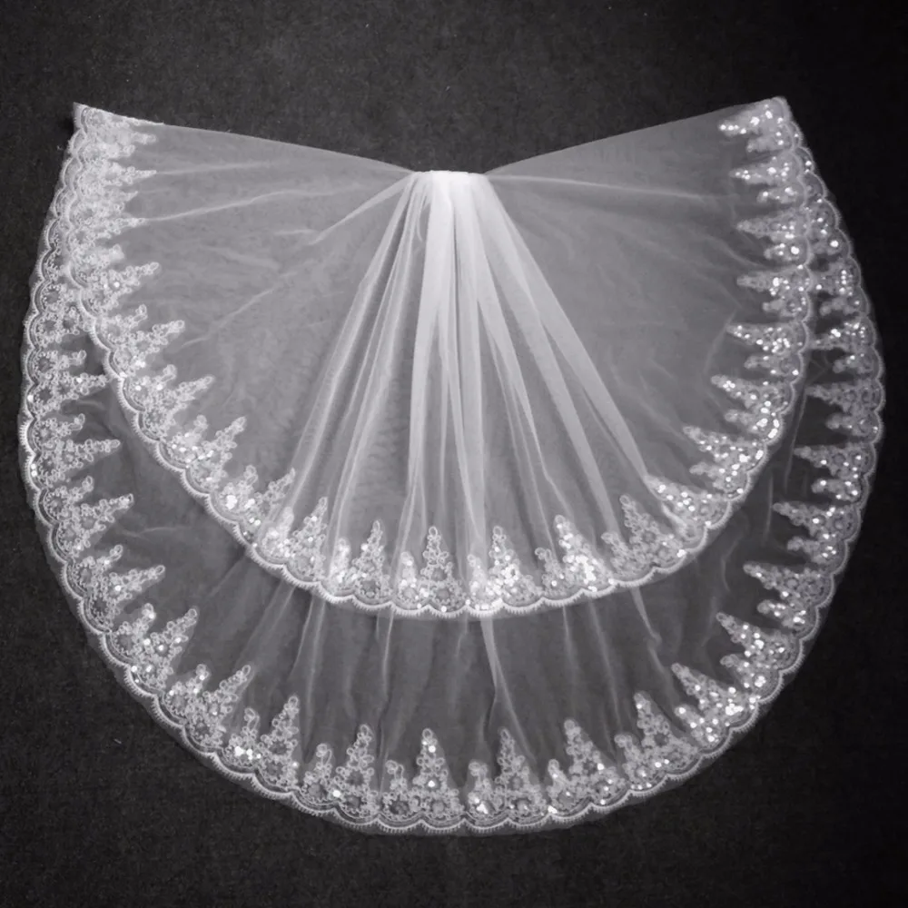 Bridal Veil Fashion Two Layer White Ivory Tulle With Comb Lace Edge Wedding Accessories In Stock