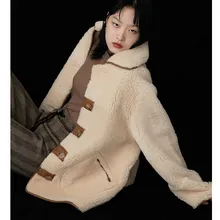 Искусственный мех ягненка искусственная кожа композитный коричневый кожаный кант маленький круглый воротник искусственный мех один мех пальто