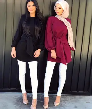 

2020 Women Long Sleeve Tops Muslim Blouse Shirt Dress Belt Shirts Top Jubah Ramadan Arabic Dubai Kaftan Islamic Fashion Clothing