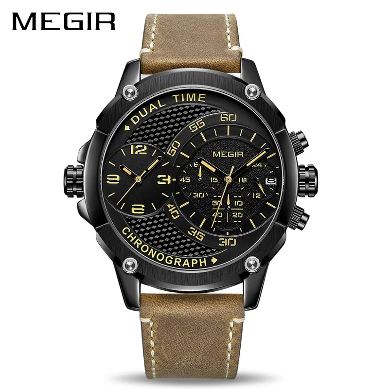Online MEGIR Chronograph Sport Quarzuhr Männer Dual Time Zone Männer Handgelenk Uhren Kreative Leder Armee Military Armbanduhren Uhr Stunde
