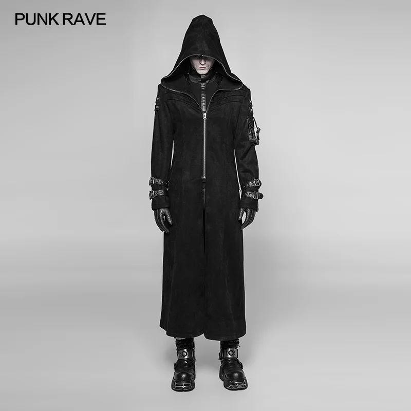 

PUNK RAVE Gothic Men Black Fashion Long Coat Punk Rock Street Male Cool Winter Hooded Jacket Halloween Stage Cosplay Outwear