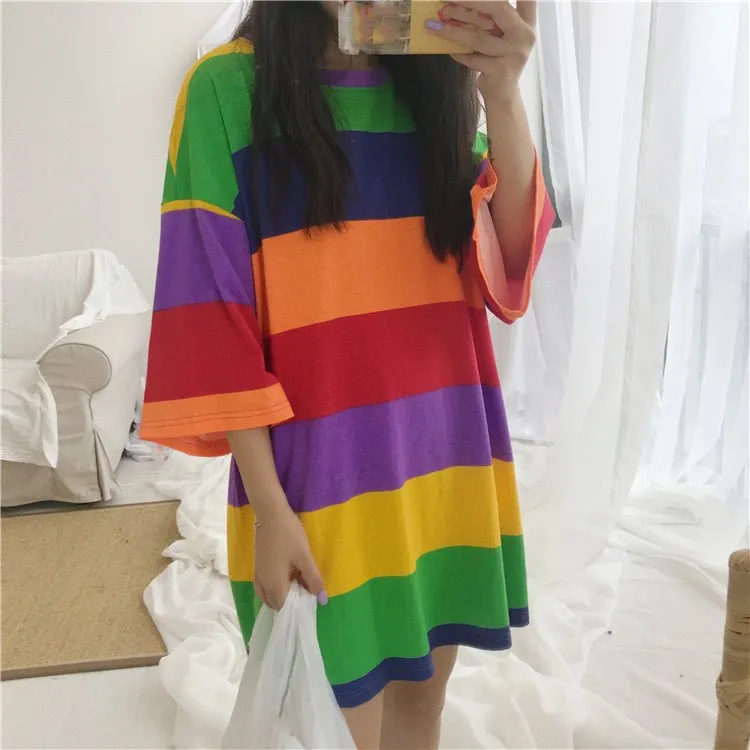 

2019 Women Streetwear Multicolor Striped T-Shirt Summer Casual Beach Rainbow T Shirt Loose Plus Size Tops