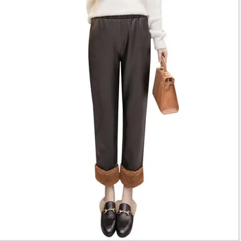 

2019 Fashion Loose Harem Pants Winter Autumn Women Cotton Ankle-Length Pants Female High Waist Elasic Waist Pu Women Pants CQ922