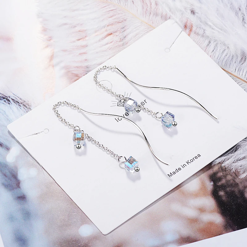 

KOFSAC Popular 925 Silver Earrings For Women Jewelry Shiny Crystal Two Small Cube Drop Earring Lady Anniversary Accessories Hot