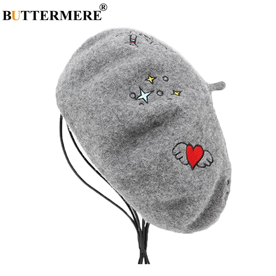 BUTTERMERE Wool Felt Beret Caps For Women Gray Embroidered Painters Cap Ladies Fashion Love French Female Winter Artist Hats