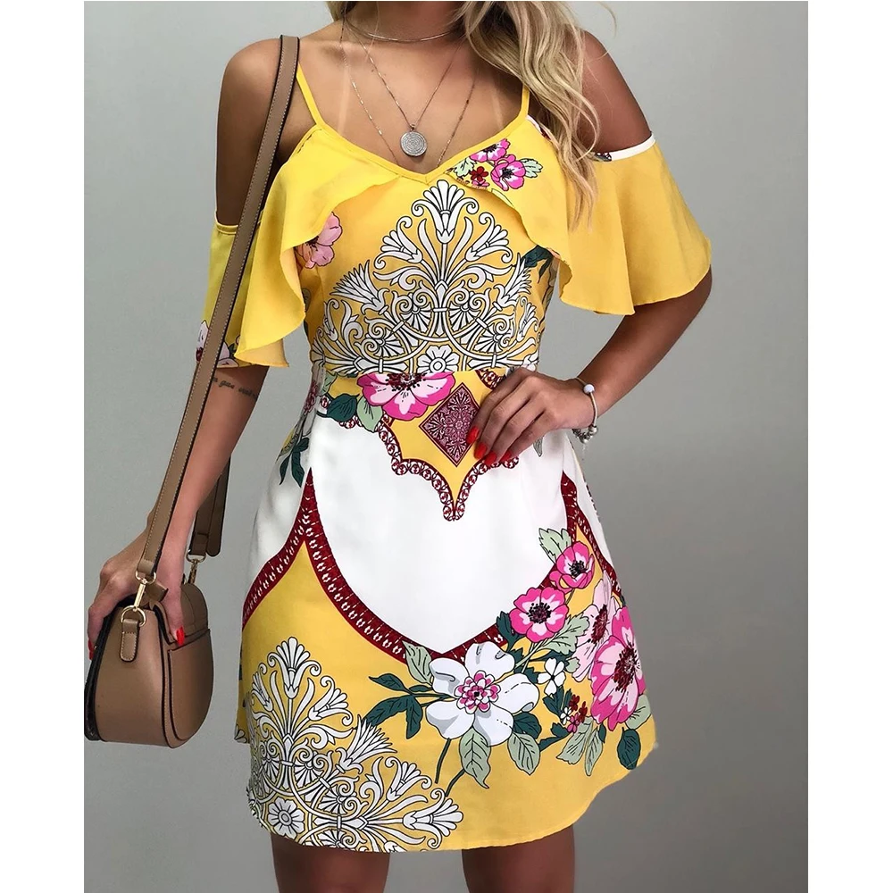 

Summer Dress Women Casual Off Shoulder Sexy V Neck Floral Print Bohemian Derss Women Slim Fit Elegant Party Dress robe femme P30