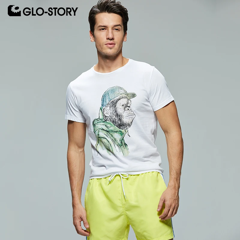

GLO-STORY 2019 Men's Short Sleeve T-Shirts Basic Style Streetwear Male Fun Cartoon Monkey Fashion Summer Tops MPO-8621