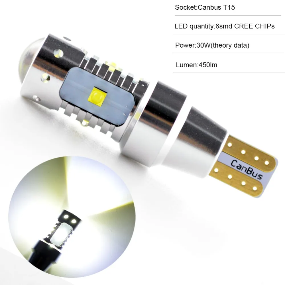 2 шт. 30 Вт без-Полярный 12 В 24 В W16W T15 обратный светильник CREEXBD чип 6SMD Led Canbus Нет ошибок резервная задняя Лампа ксенон белый 912 921